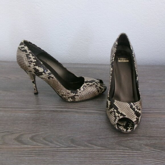 Stuart Weitzman Shoes - Stuart Weitzman Snakeskin Leather High Stilletto Heels Shoes 8.5 Peep Toe Brown